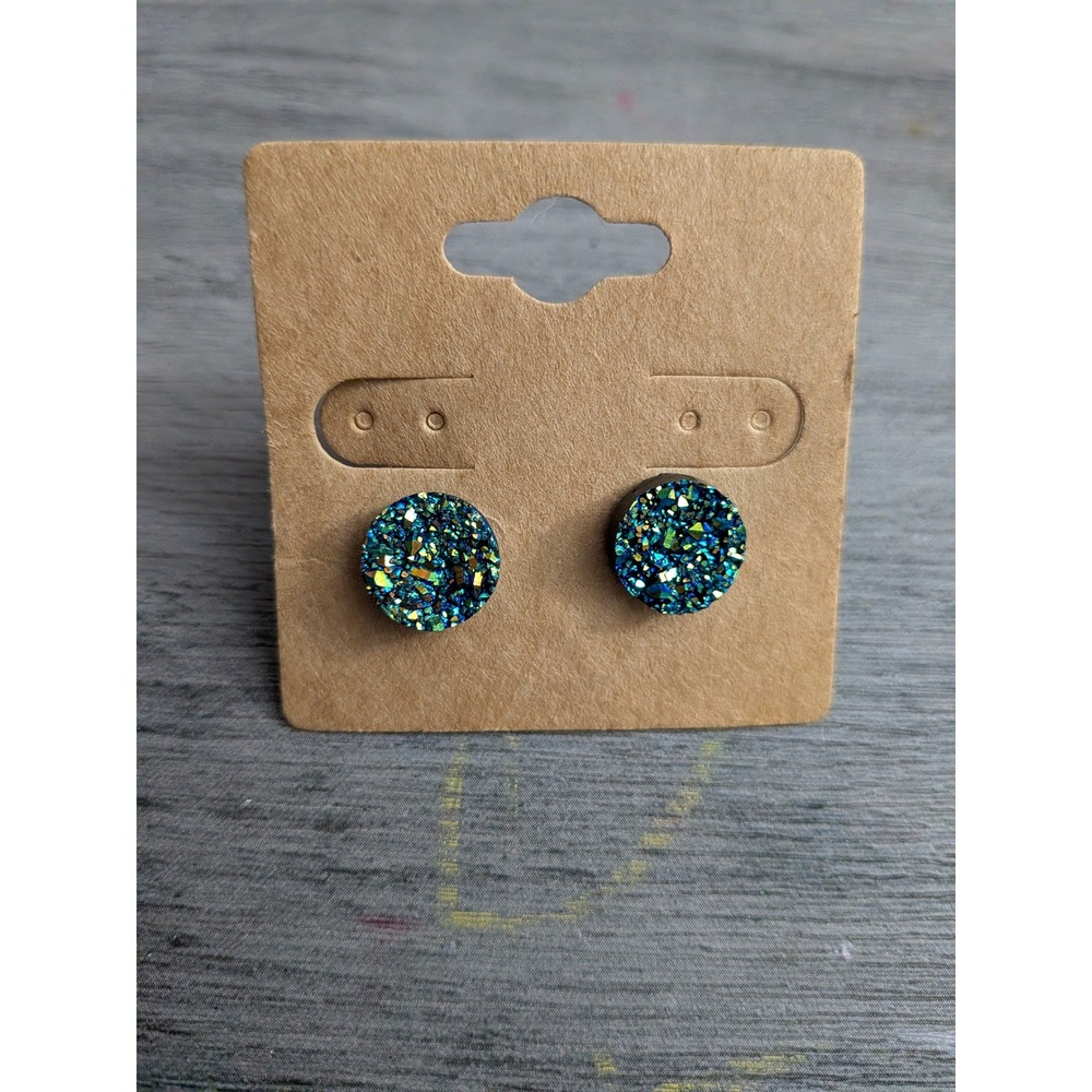 Iridescent Blue Green Faux Druzy Stud Earrings Round Post Shimmer Jewelry
